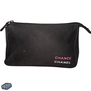 CHANEL Chance Suede Black Cosmetic Pouch with Pink Logo – Travel Makeup Bag